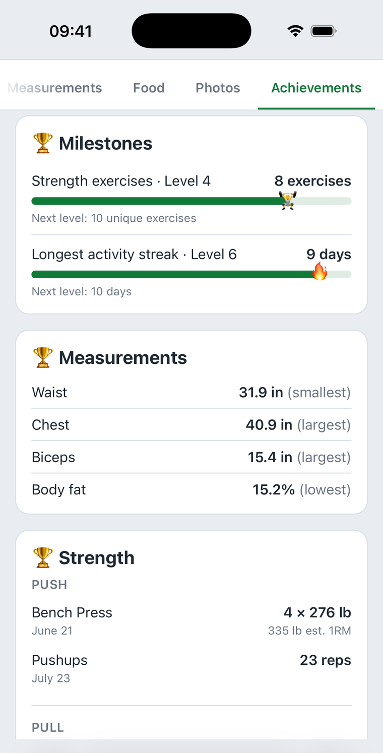 More of the dashboard's achievements tab on a phone: levelled milestones for unique exercises and activity streak, personal-best measurements, and strength records by muscle group.