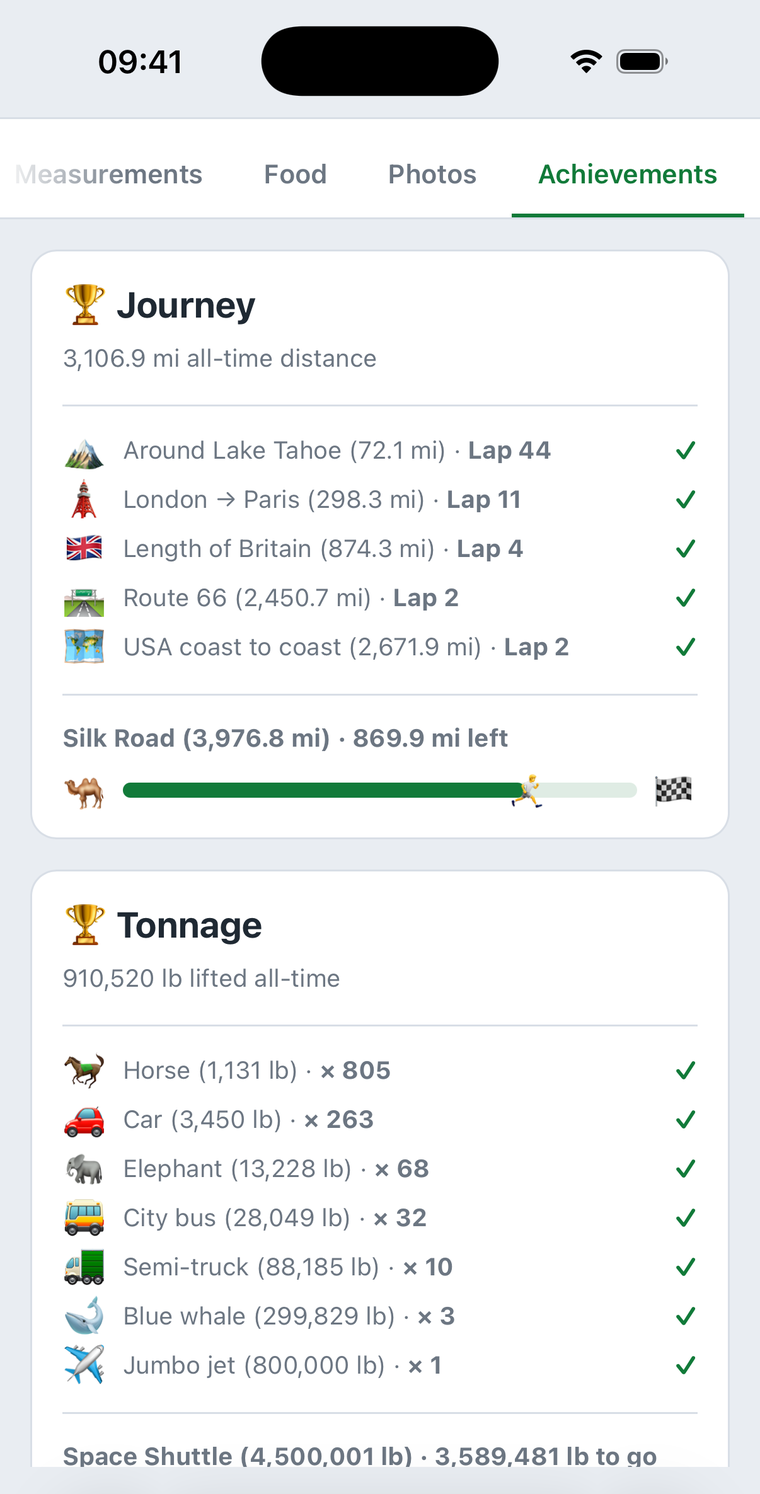 The dashboard's achievements tab on a phone: all-time distance measured in famous routes - Route 66 lapped twice, the Silk Road part-run - and all-time tonnage measured in horses, buses and jumbo jets.