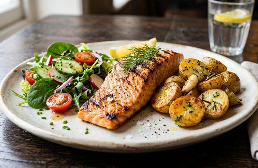 A plate of grilled salmon, roast potatoes and green salad